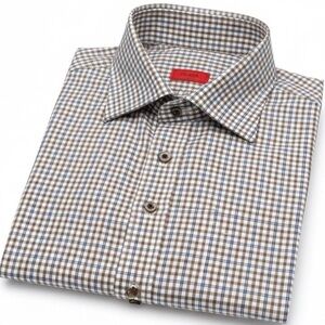 ISAIA Napoli Dress Shirt Mens 16 41 Brown Blue Micro Check Cotton Made in Italy